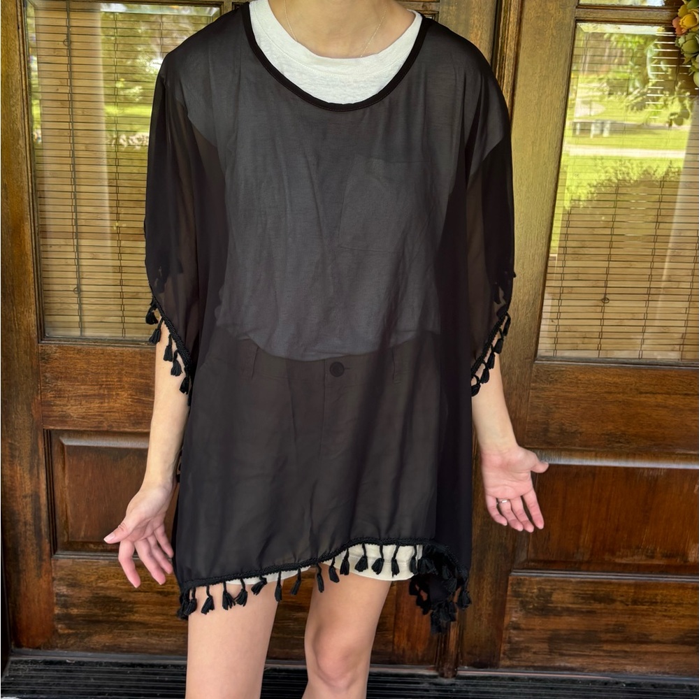 Black Sheer Swim Cover-Up with Tassels
